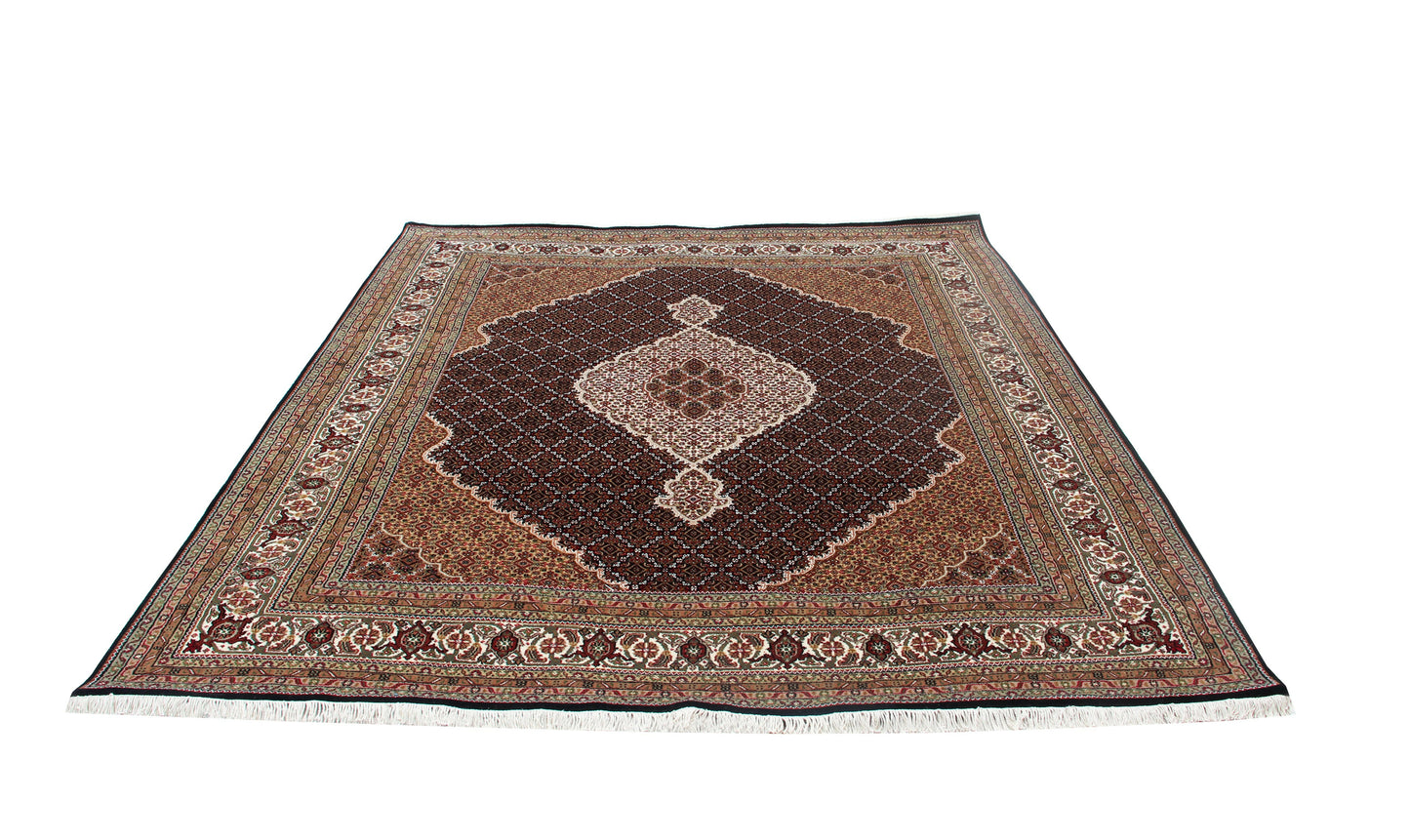 Ivory, Brown, Black and Gold premium look Fine Hand Knotted Traditional Heriz medallion design Custom made wool area rug.