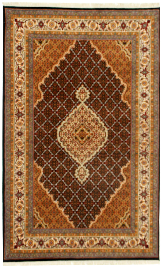 Traditional Heriz 5x8 Hand Knotted Wool Rug – Brown, Rust, Ivory & Gold Medallion Design.
