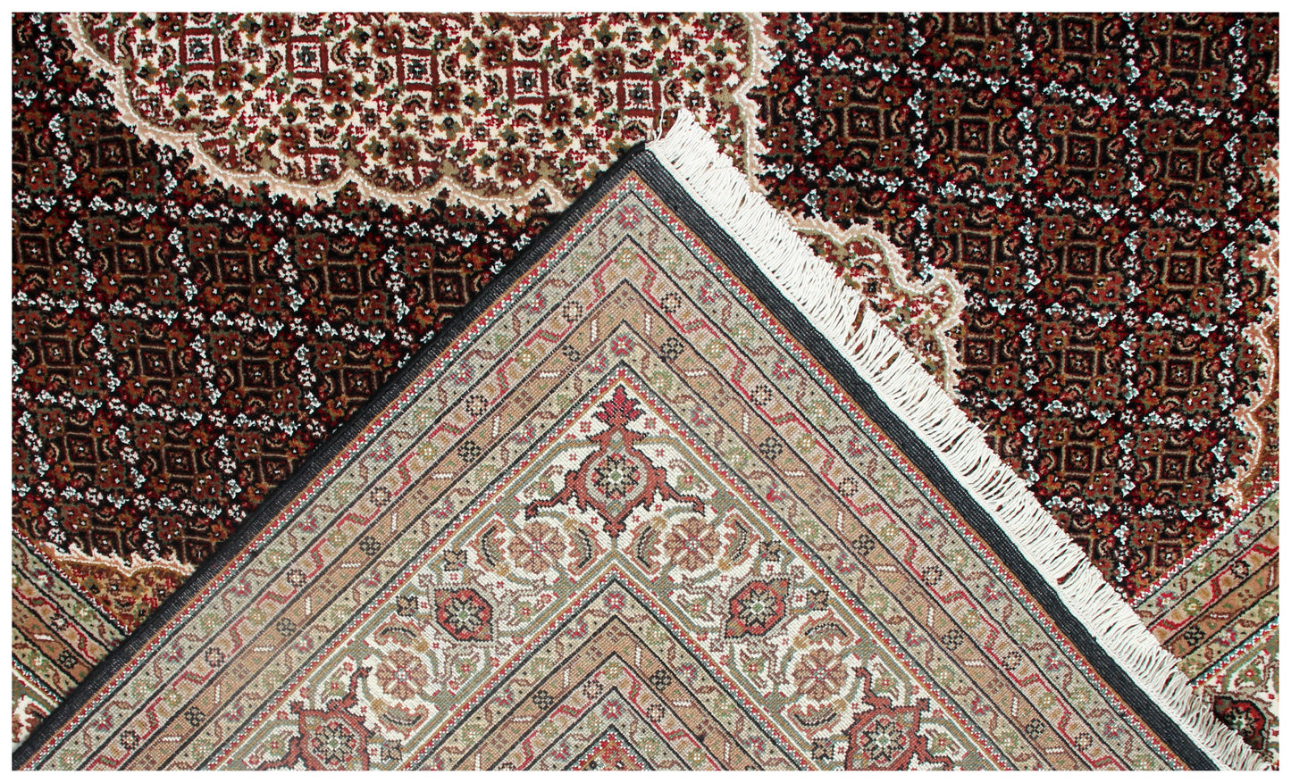 Ivory, Brown, Black and Gold premium look Fine Hand Knotted Traditional Heriz medallion design Custom made wool area rug.
