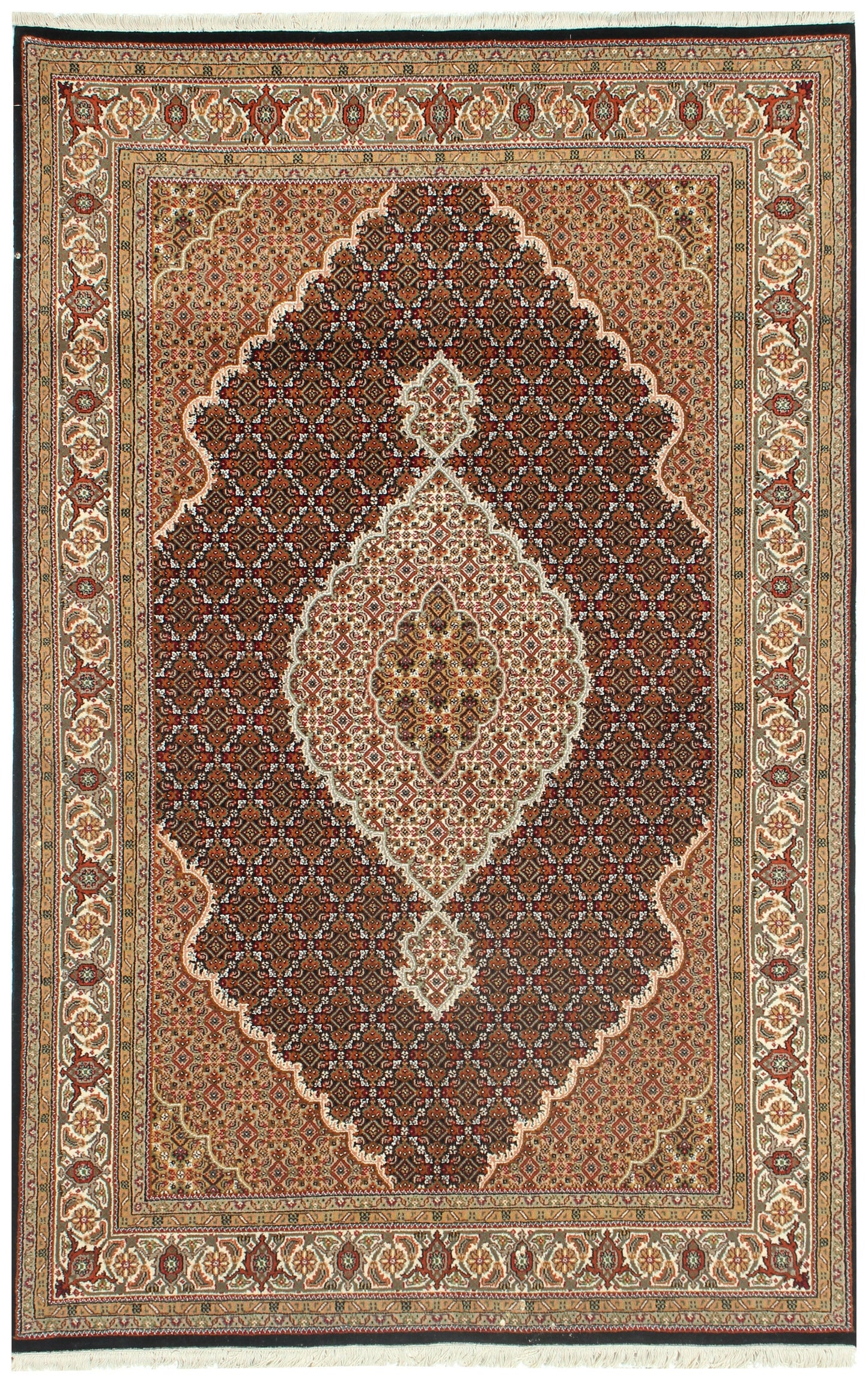 Traditional Heriz Fine Hand-Knotted Wool Rug 6x9 & 6x10 – Ivory, Brown, Rust & Gold Medallion Design.
