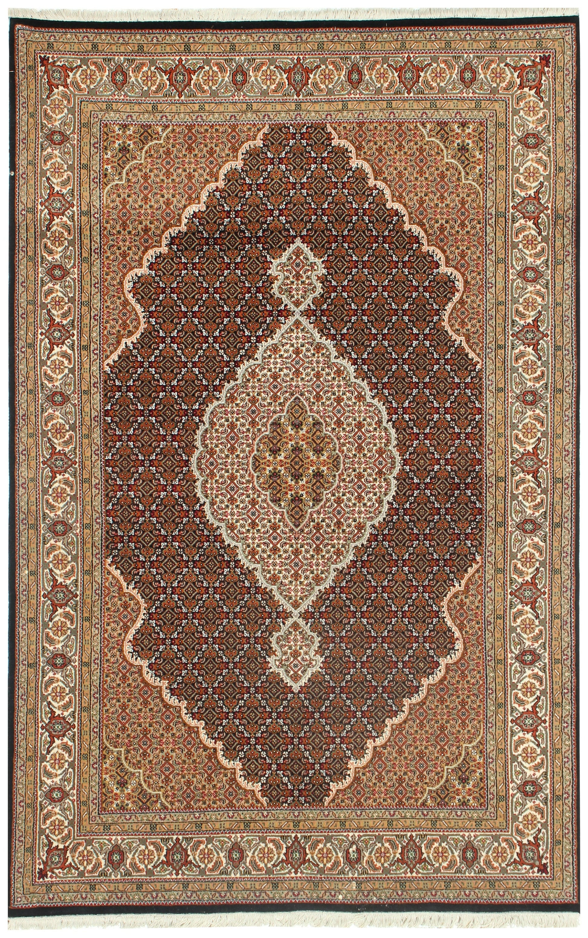 Traditional Heriz Fine Hand-Knotted Wool Rug 6x9 & 6x10 – Ivory, Brown, Rust & Gold Medallion Design.