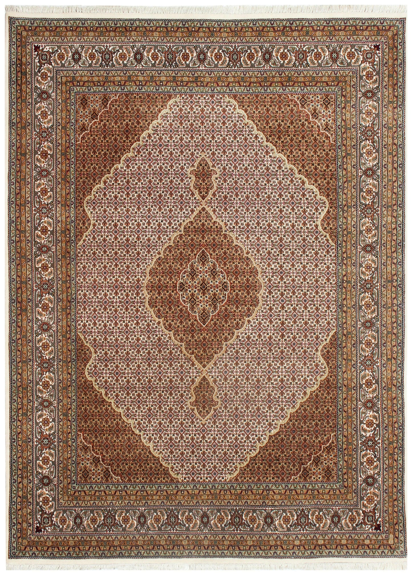 Fine Hand Knotted Premium look Brown Ivory and Gold Traditional Heriz medallion design multi size wool area rug.