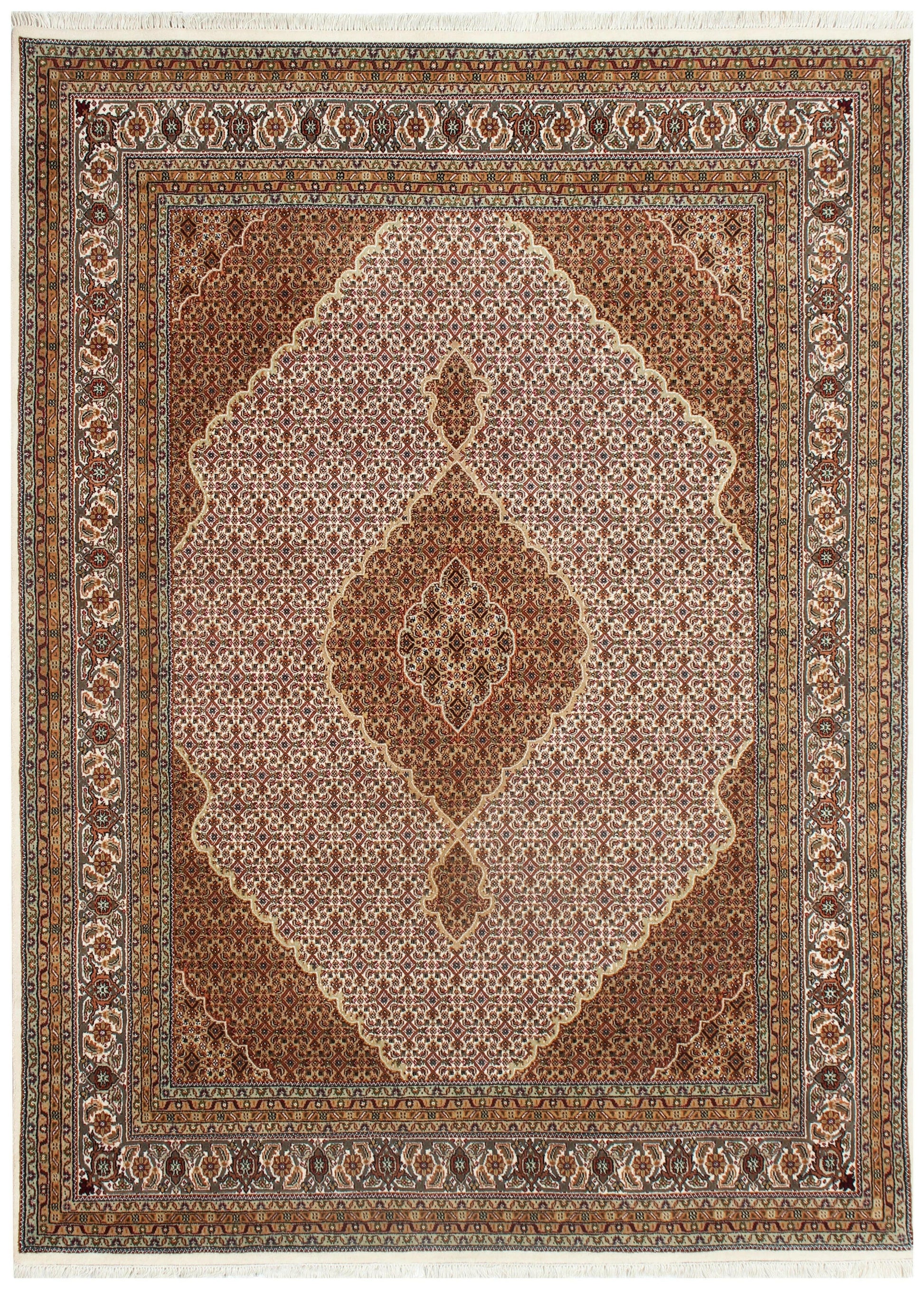 Fine Hand Knotted Premium look Brown Ivory and Gold Traditional Heriz medallion design multi size wool area rug.