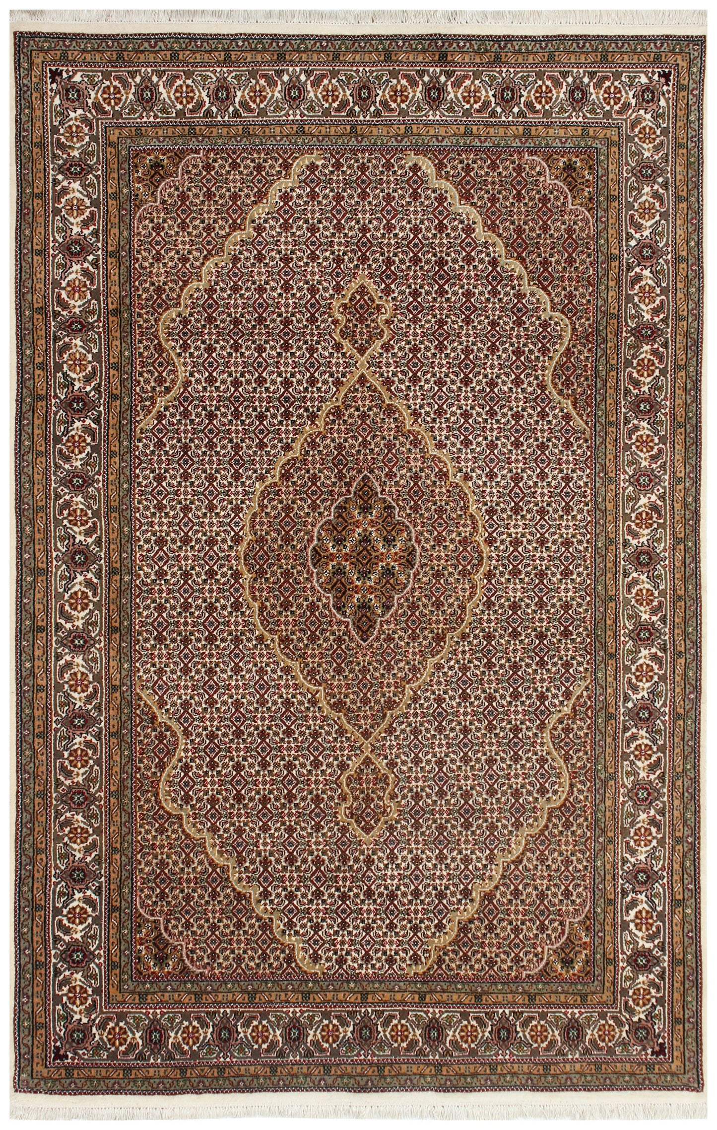 Brown, Ivory & Rust Fine Hand Knotted 6x9 Traditional Heriz Wool Rug.