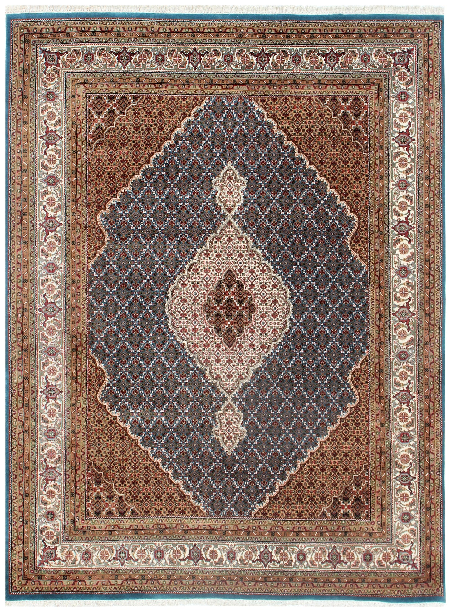 Premium look Fine Hand Knotted Ivory, Blue, Gold and Brown Traditional Heriz medallion design Custom made wool area rug.