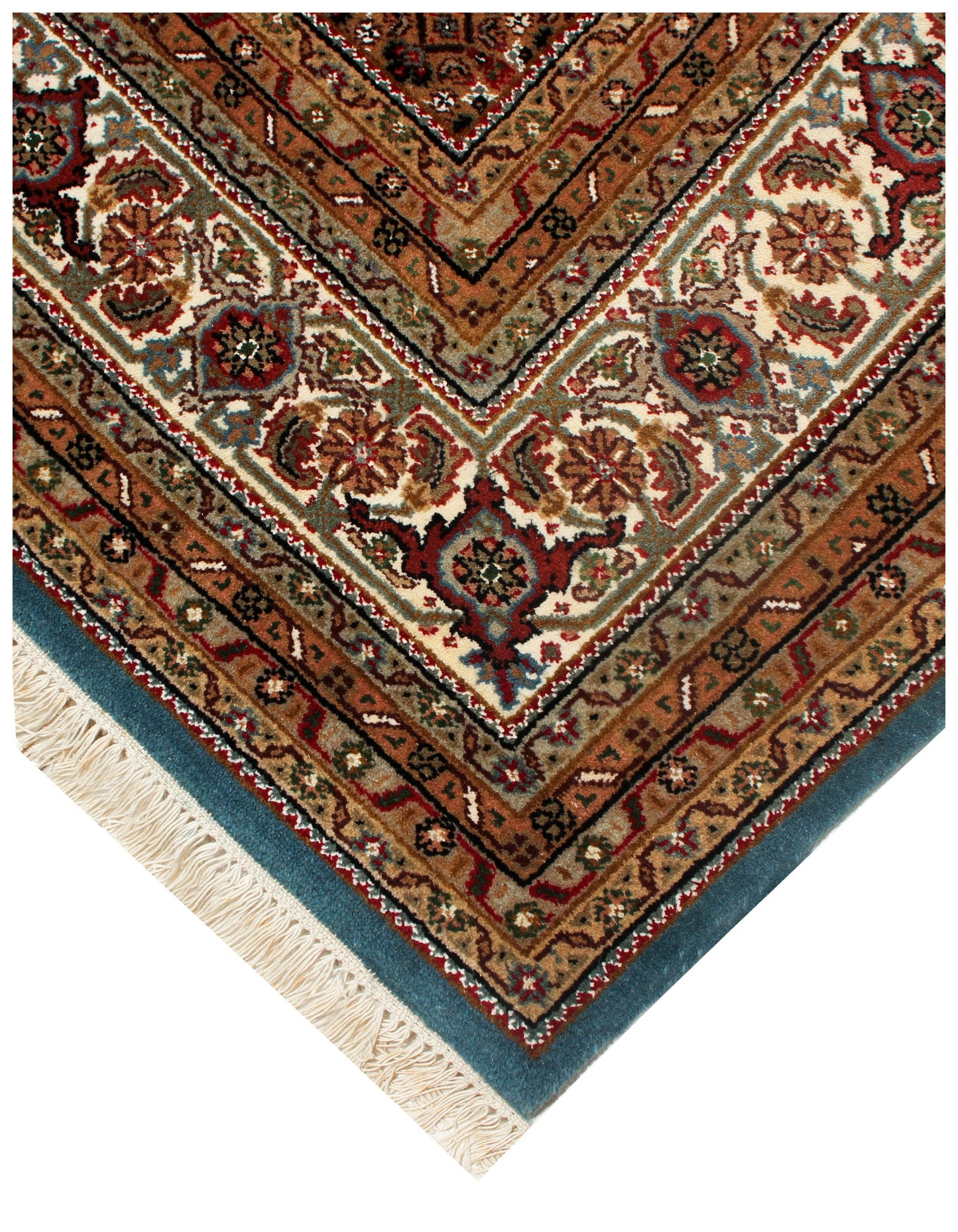 Premium look Fine Hand Knotted Ivory, Blue, Gold and Brown Traditional Heriz medallion design Custom made wool area rug.