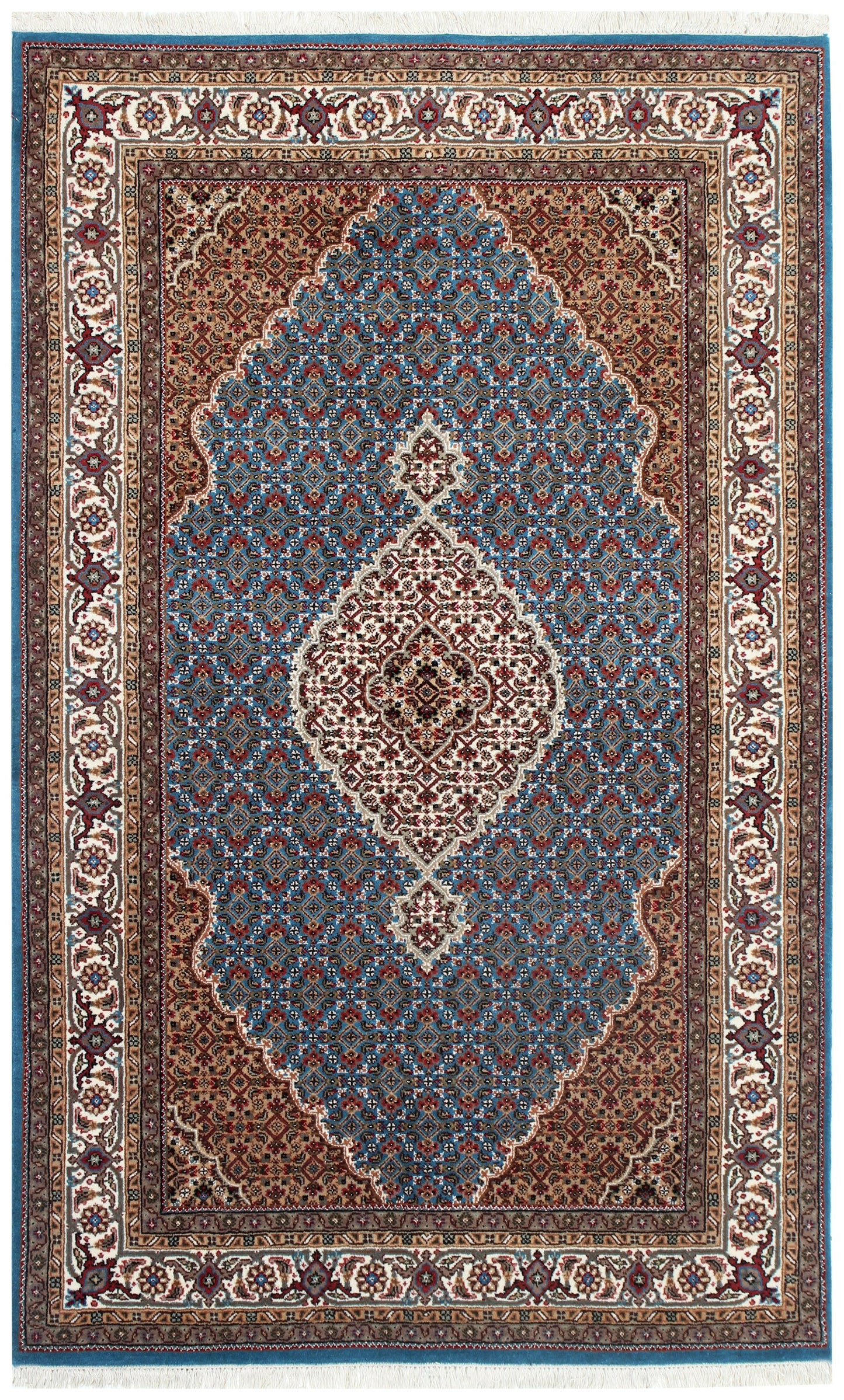Traditional Heriz Fine Hand-Knotted Wool Rug 5x8 & 6x9 – Ivory, Blue, Rust & Brown Medallion Design.
