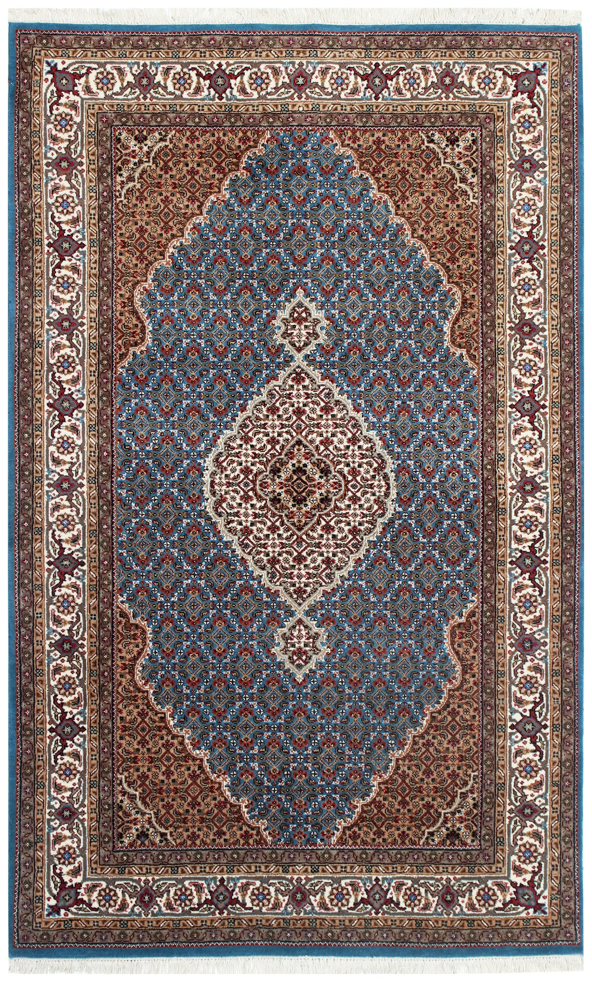 Traditional Heriz Fine Hand-Knotted Wool Rug 5x8 & 6x9 – Ivory, Blue, Rust & Brown Medallion Design.