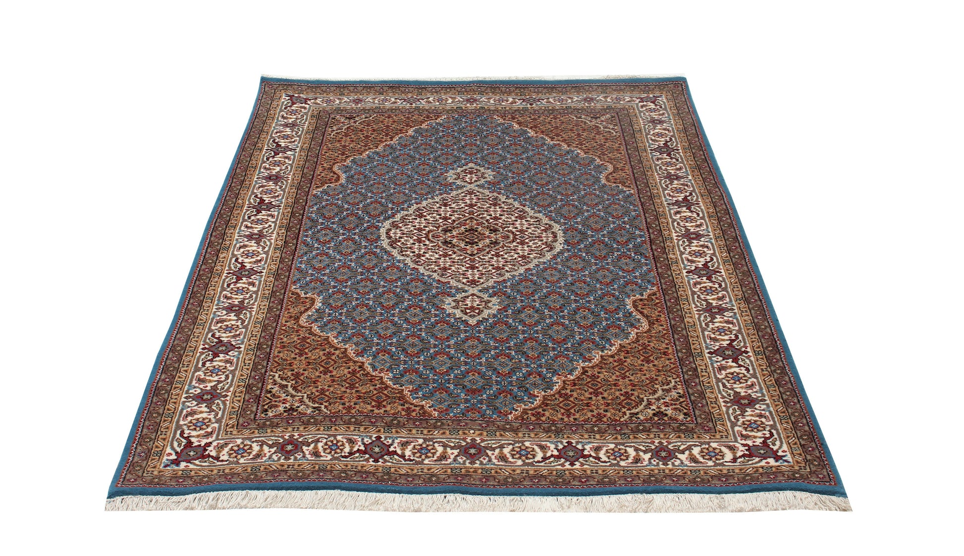 Traditional Heriz Fine Hand-Knotted Wool Rug 5x8 & 6x9 – Ivory, Blue, Rust & Brown Medallion Design.