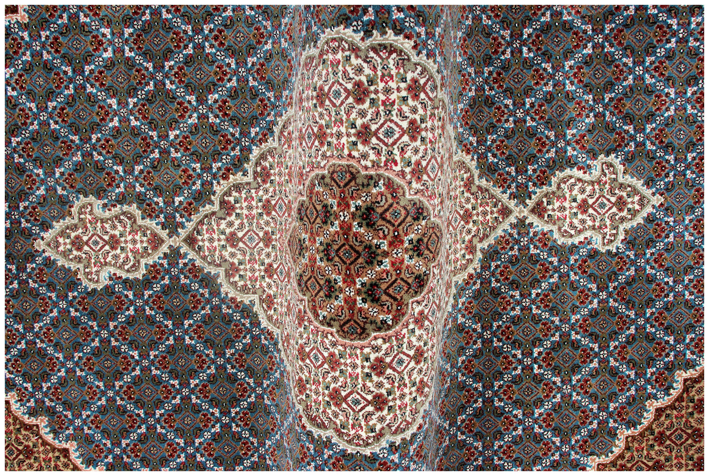 Premium look Fine Hand Knotted Ivory, Blue, Gold and Brown Traditional Heriz medallion design Custom made wool area rug.