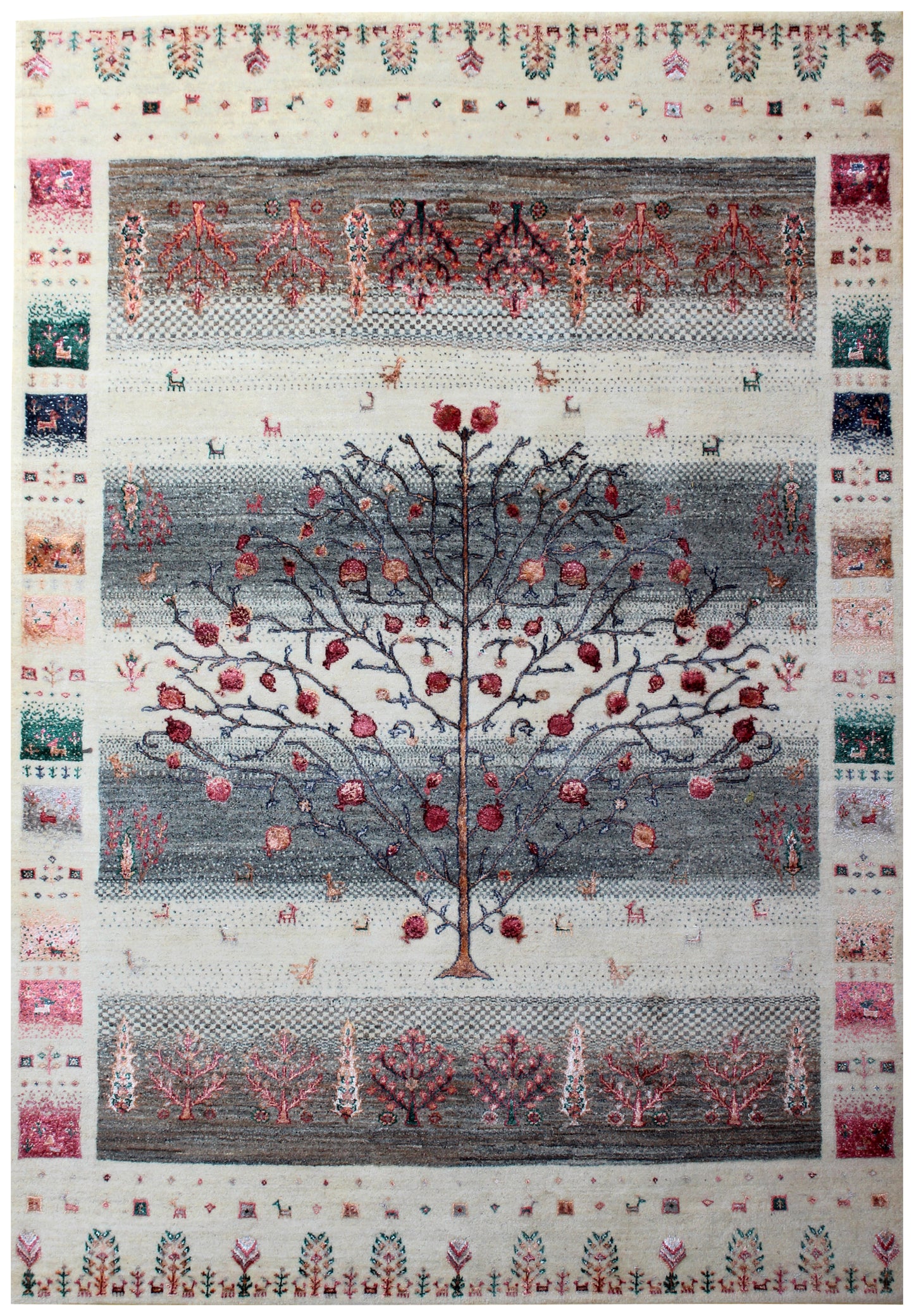 Hand Knotted Tree of Life Rug - Ivory Grey Maroon Natural Wool 8X12 Area Rug