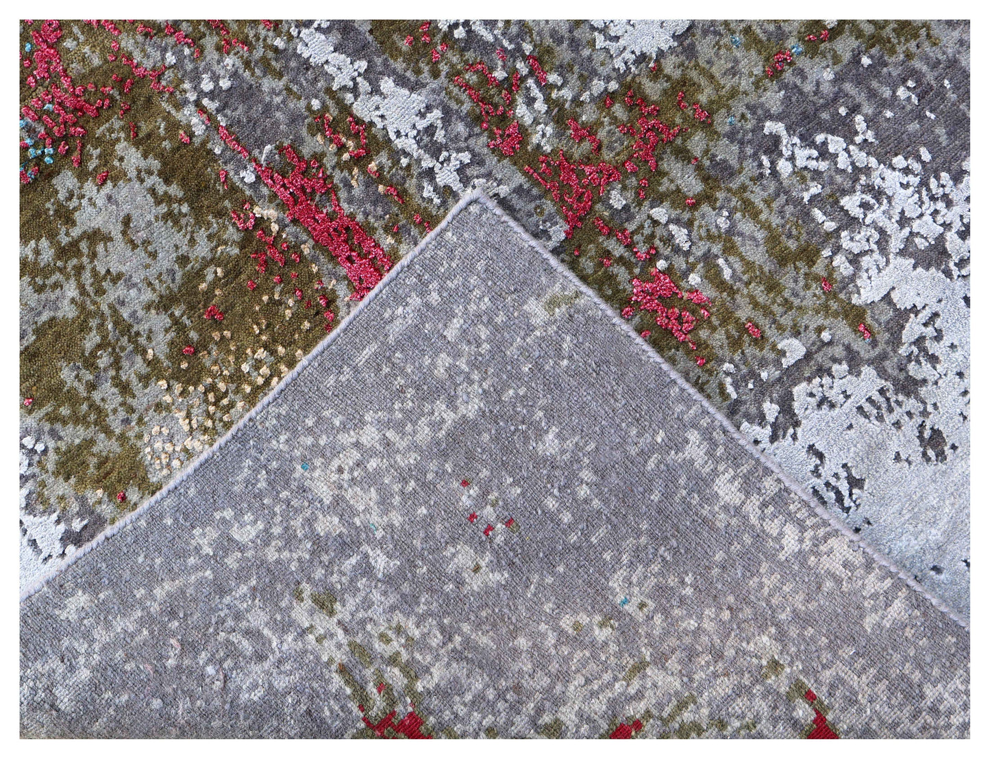 Silver Grey Charcoal Crimson Olive Abstract Expressionist Hand Knotted Wool Viscose 6x9 Bhadohi Area Rug