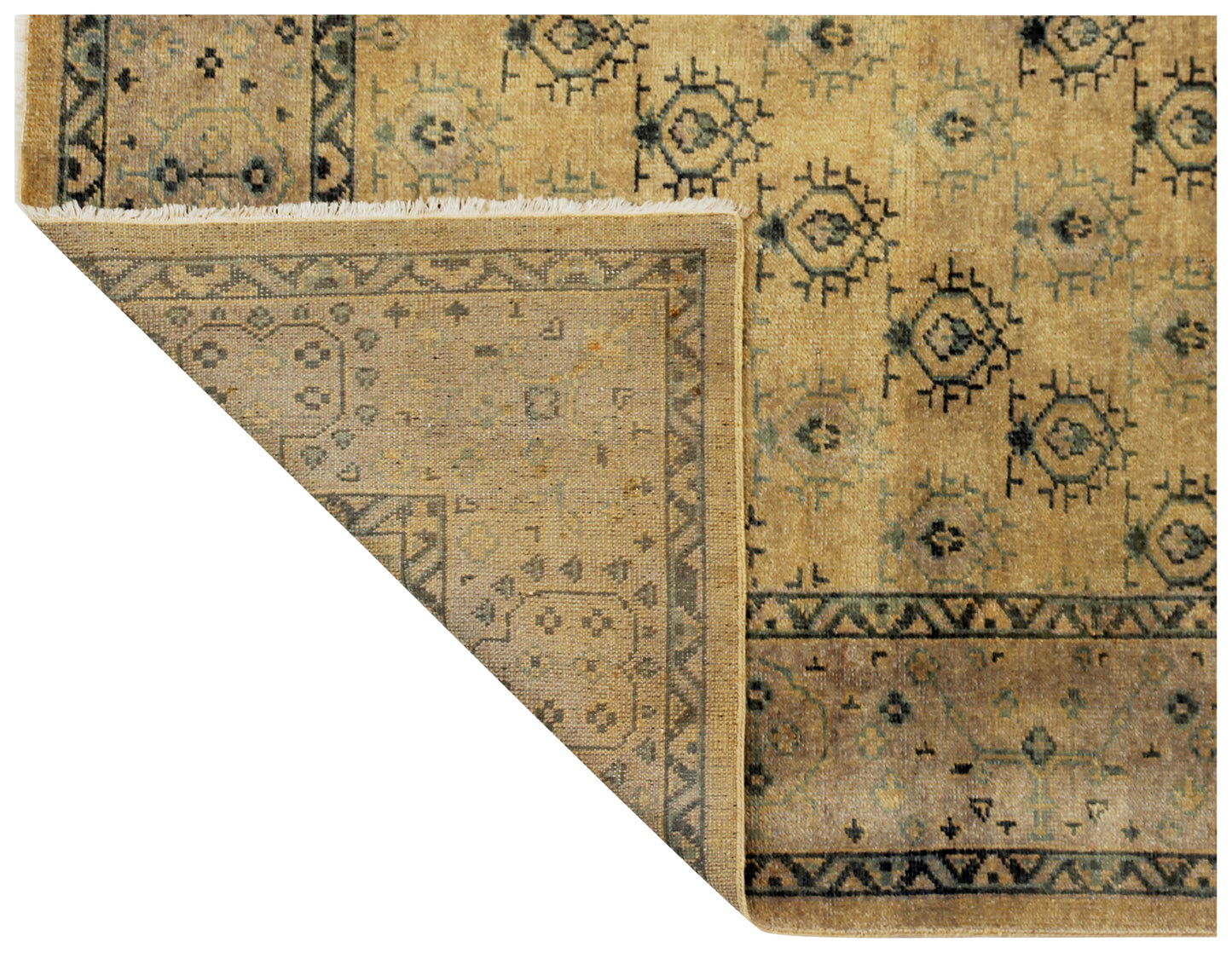 Gold Beige Grey 8x10 Hand Knotted Wool Area Rug - Vintage Antique look Oriental Geometric