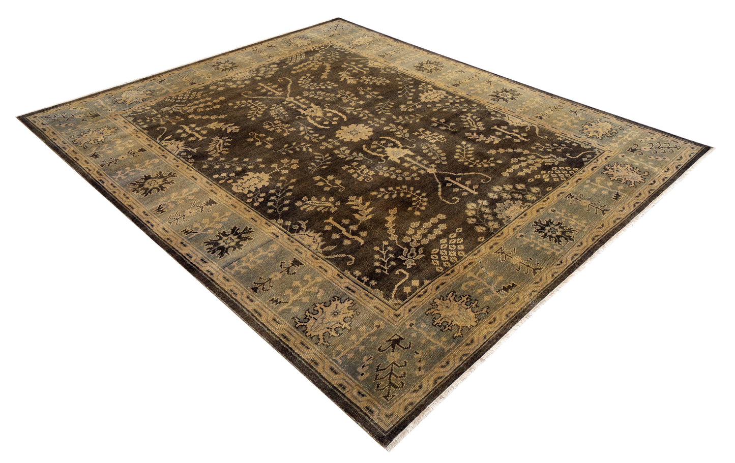 Vintage Brown Chocolate Gold Ivory Turkish Oushak Floral Vine Hand Knotted Wool Viscose 8x10 Bhadohi Area Rug