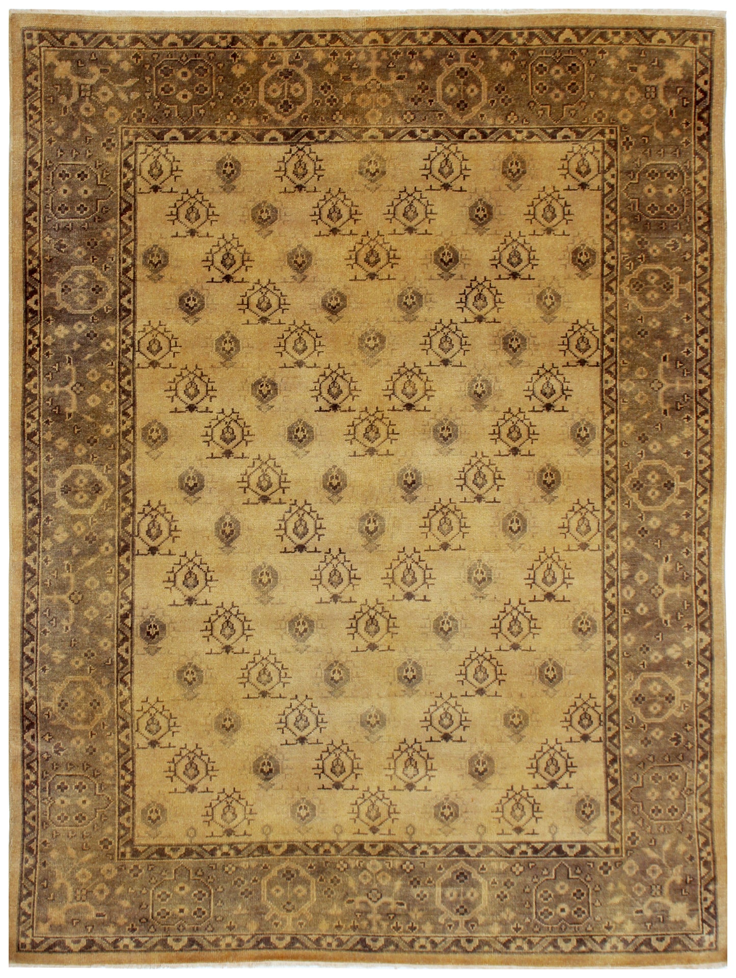 Gold Beige Taupe 8x10 Hand Knotted Wool Area Rug - Vintage Antique Oriental Oushak Geometric