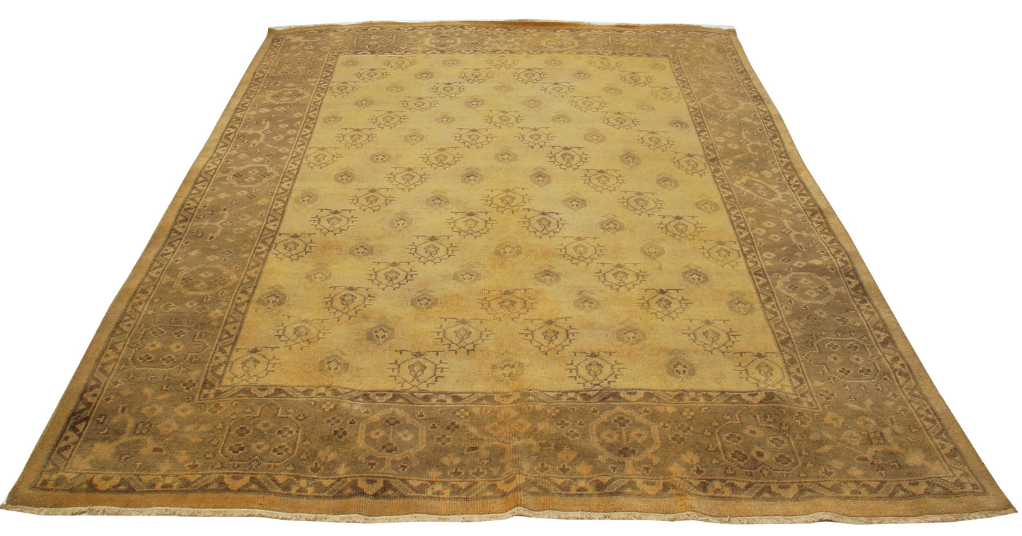 Gold Beige Taupe 8x10 Hand Knotted Wool Area Rug - Vintage Antique Oriental Oushak Geometric