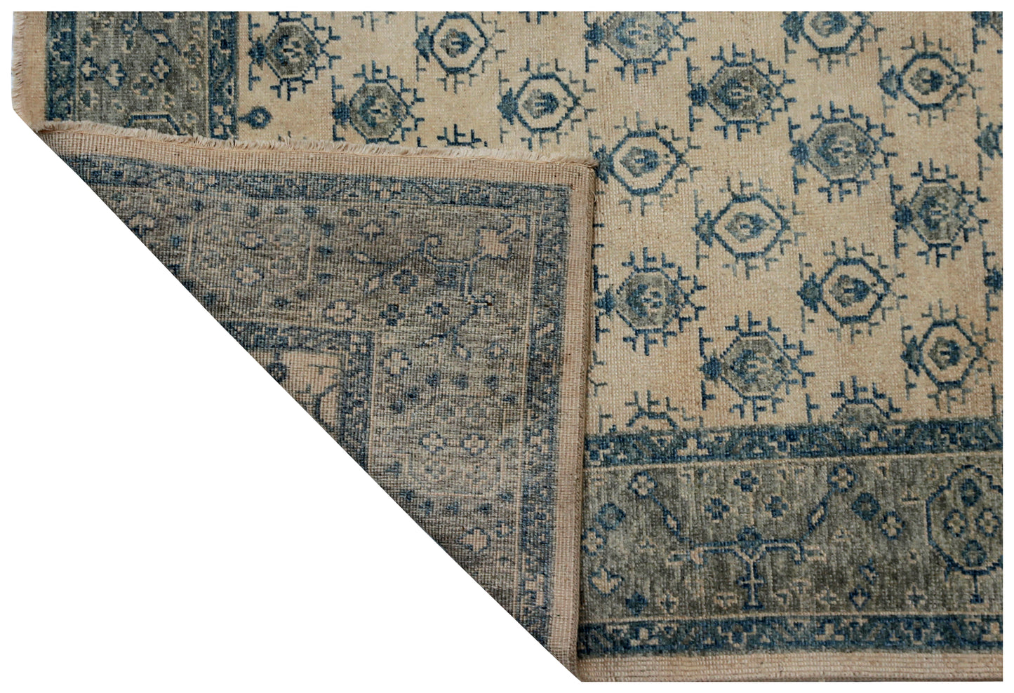 8x10 Beige Blue Wool Area Rug - Hand Knotted Oriental Geometric Style