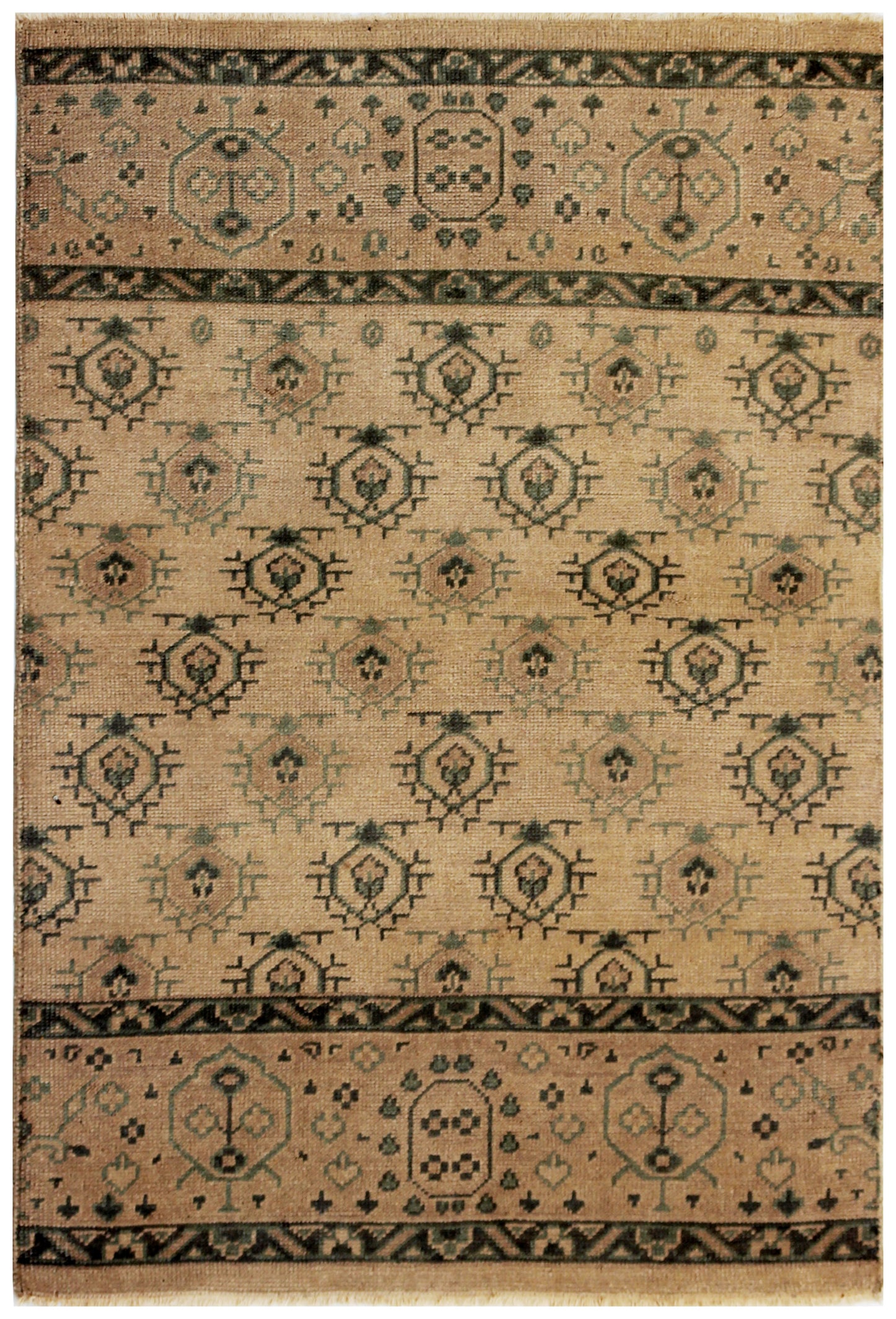 Beige Sand Green 4x6 Wool Area Rug - Hand Knotted Vintage Antique Oriental Geometric