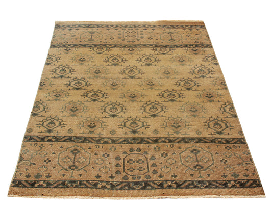 Beige Sand Green 4x6 Wool Area Rug - Hand Knotted Vintage Antique Oriental Geometric