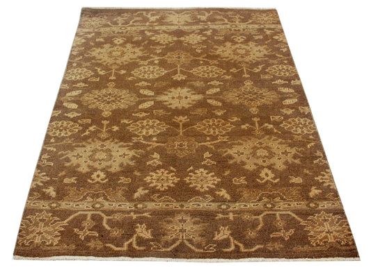 Hand Knotted Vintage Antique Brown Beige 4x6 Wool Area Rug - Oriental Oushak Floral