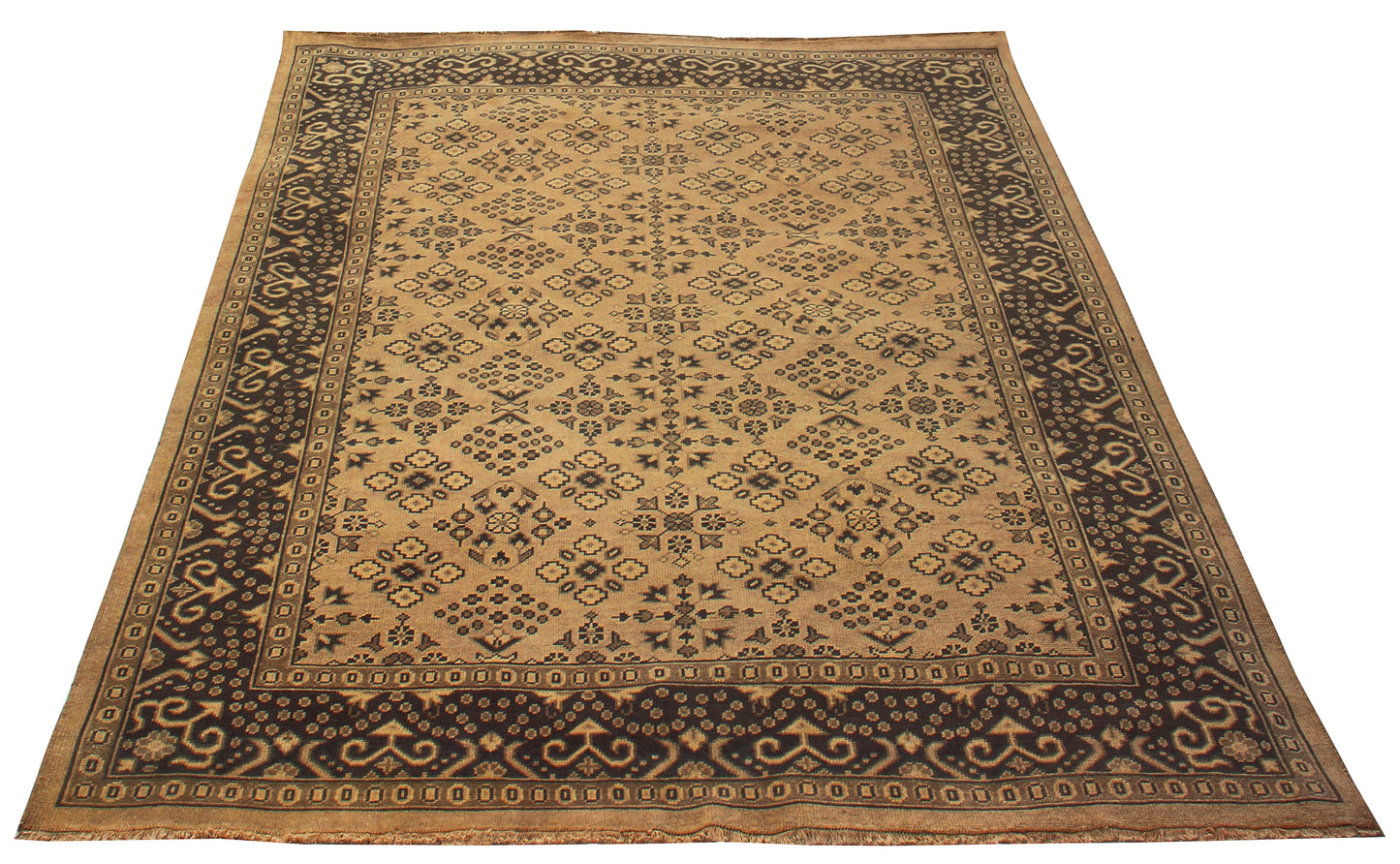 Cream Black 8x10 Hand Knotted Wool Area Rug - Vintage Antique Oriental Geometric