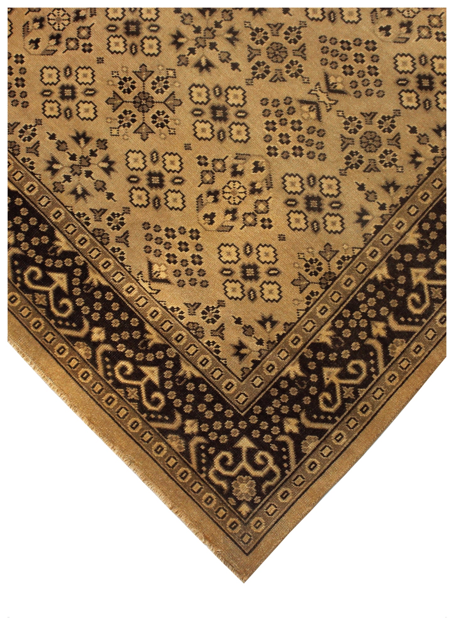 Cream Black 8x10 Hand Knotted Wool Area Rug - Vintage Antique Oriental Geometric