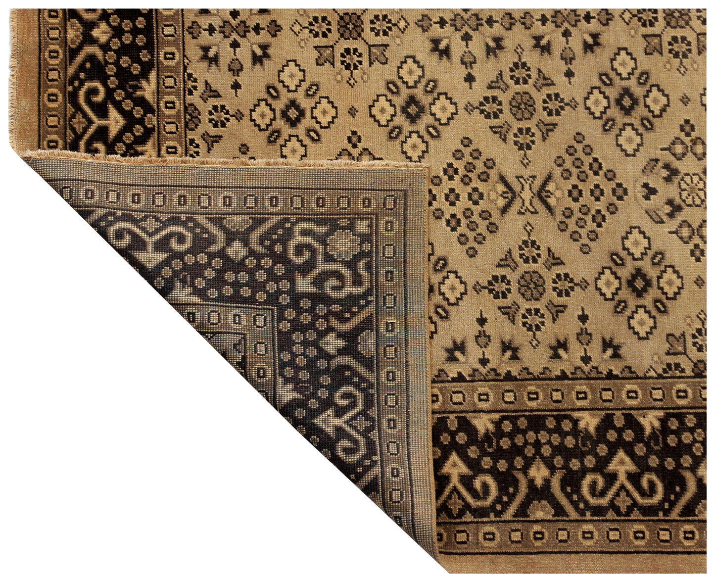Cream Black 8x10 Hand Knotted Wool Area Rug - Vintage Antique Oriental Geometric