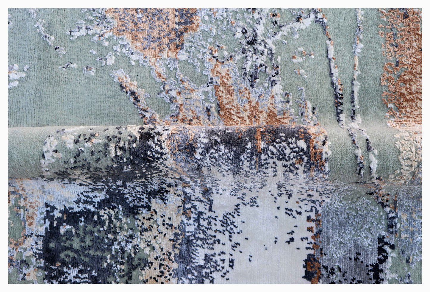 Sage Green Brown Terracotta Charcoal Ivory Ink Wash Abstract Hand Knotted Wool Viscose 6x9 Bhadohi Area Rug