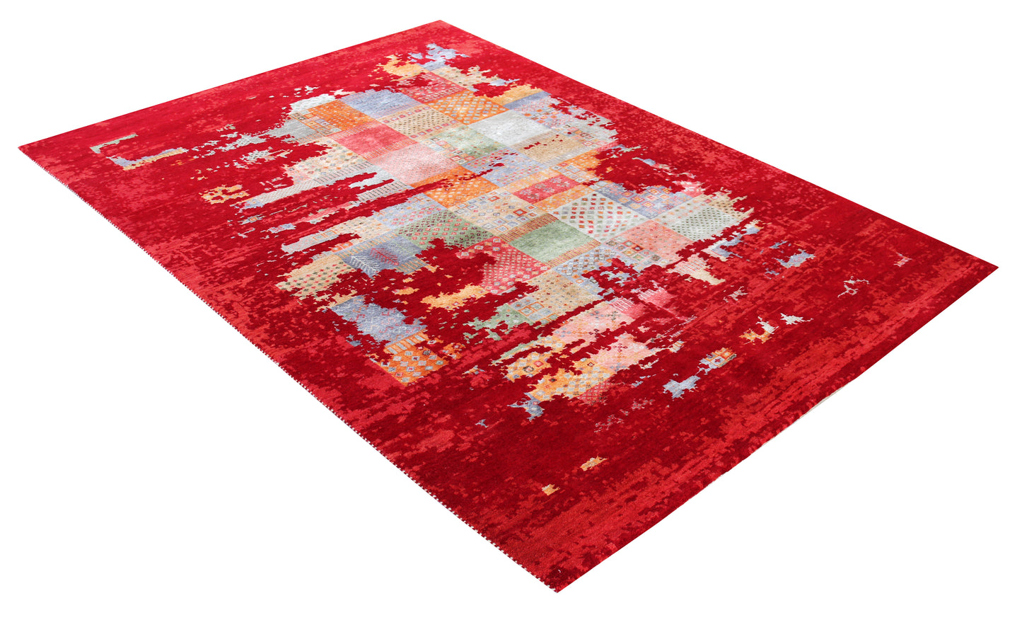 Hand Knotted Contemporary Abstract Wool Rug 5.6x8 Red Multi Distressed