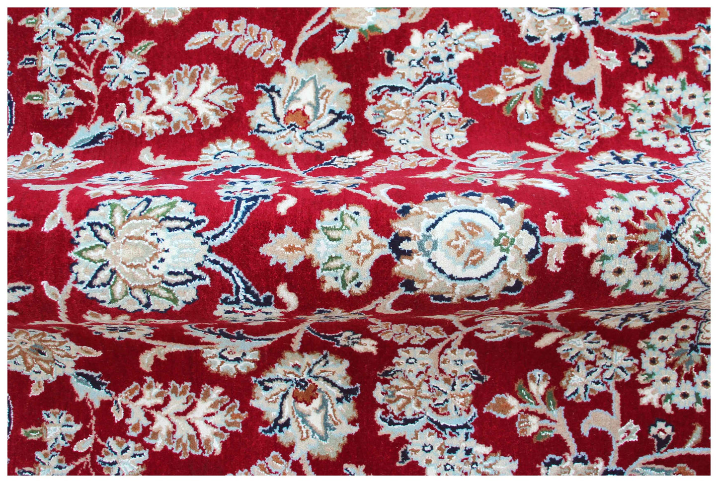 Crimson Ruby Red Ivory Cream Sage Persian Nain Medallion Hand Knotted Wool Bamboo Silk 9x12 Bhadohi Area Rug