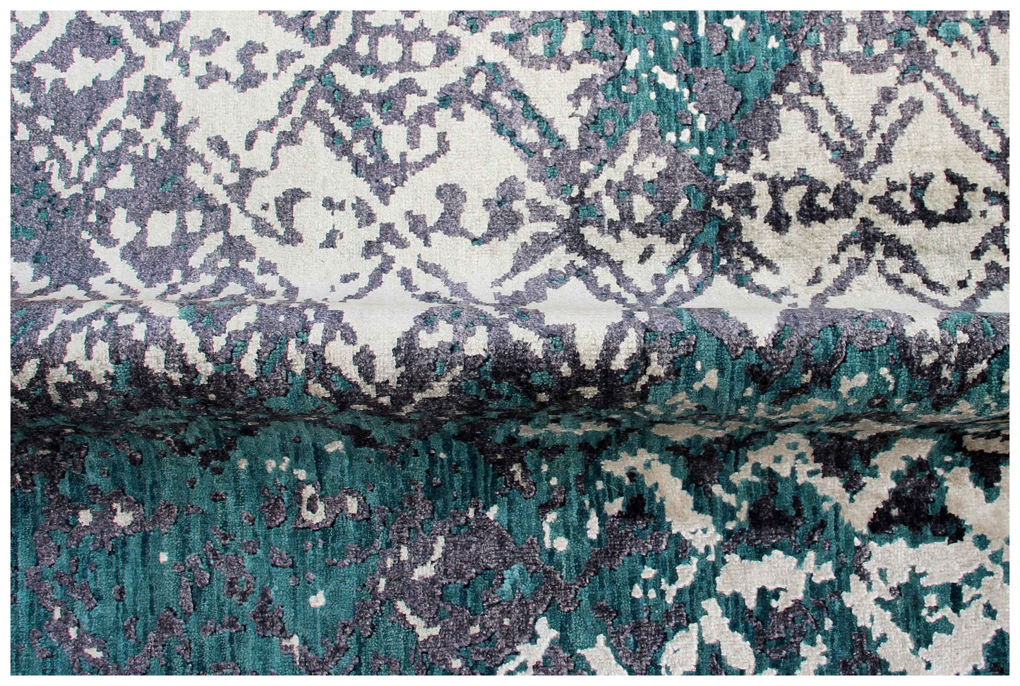 Teal Turquoise Charcoal Ivory Eroded Geometric Diamond Hand Knotted Wool Viscose 8x10 Bhadohi Area Rug