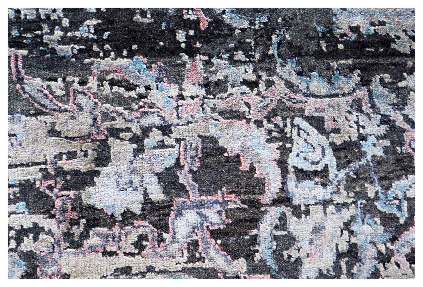 Charcoal Black Silver Ivory Eroded Floral Modern Abstract Hand Knotted Wool Viscose 9x12 Bhadohi Area Rug