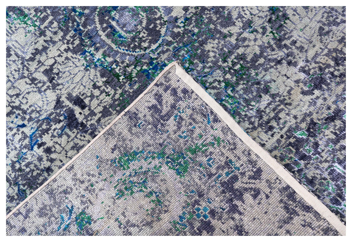 Silver Grey Teal Turquoise Blue Green Eroded Medallion Hand Knotted Wool Viscose 9x12 Bhadohi Area Rug