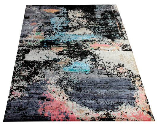 7.6x10 Turquoise Pink Grey Vintage Antique Wool Viscose Area Rug - Hand Knotted Abstract Distressed