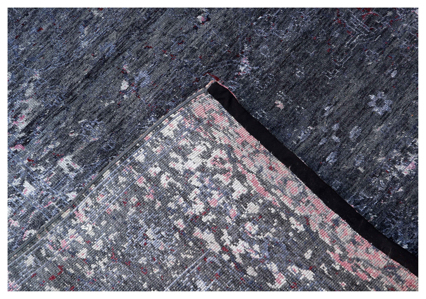 Charcoal Slate Silver Crimson Gradient Eroded Floral Hand Knotted Wool Viscose 9x12 Bhadohi Area Rug