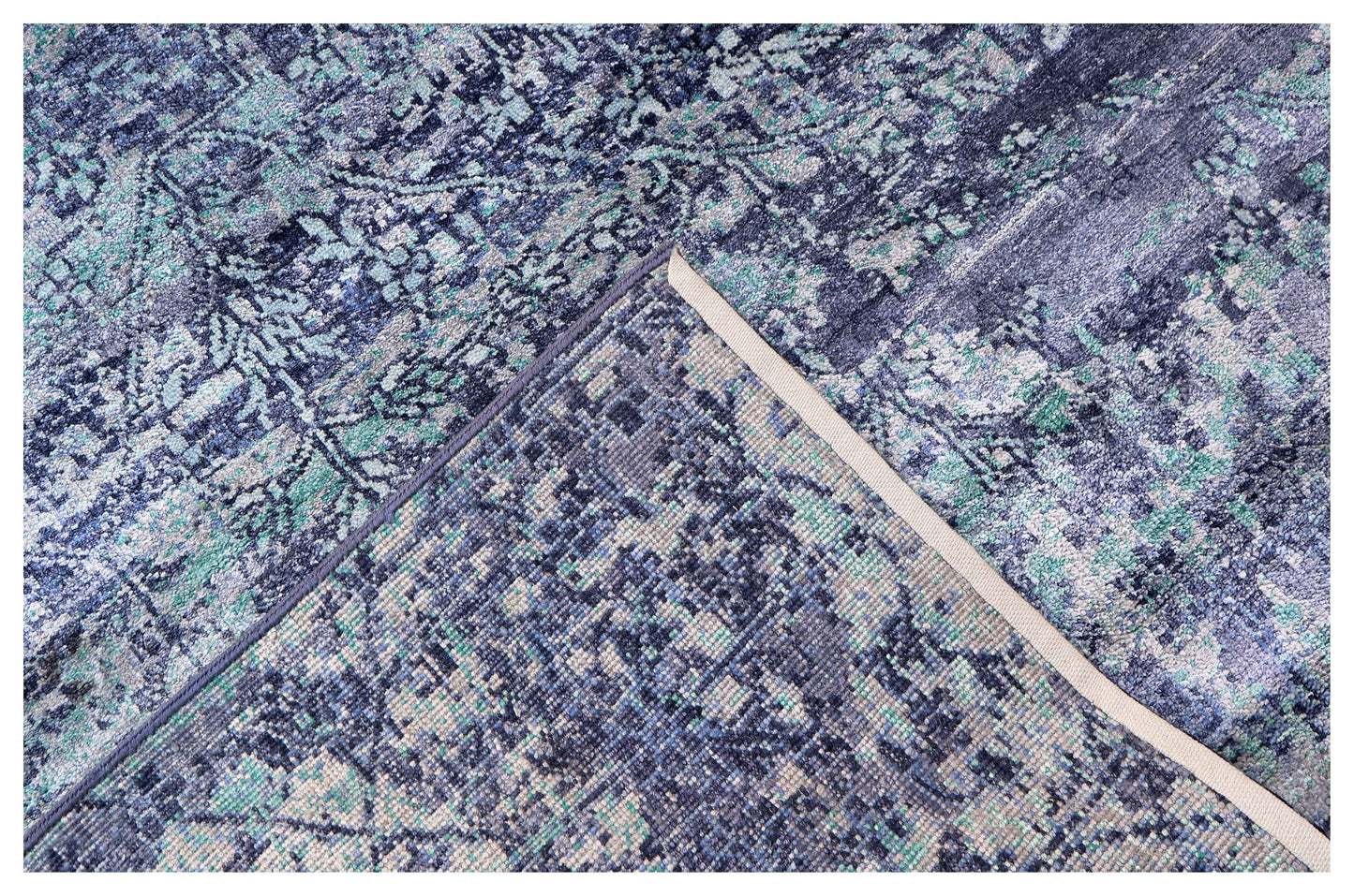 Lavender Periwinkle Teal Emerald Green Gradient Eroded Floral Hand Knotted Wool Viscose 9x12 Bhadohi Area Rug