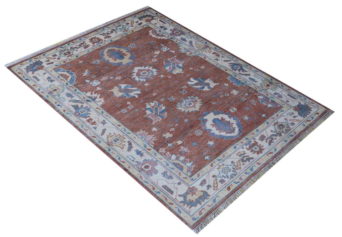 Hand Knotted Rust Orange Ivory Floral Oriental Oushak 5.6x8 Area Rug