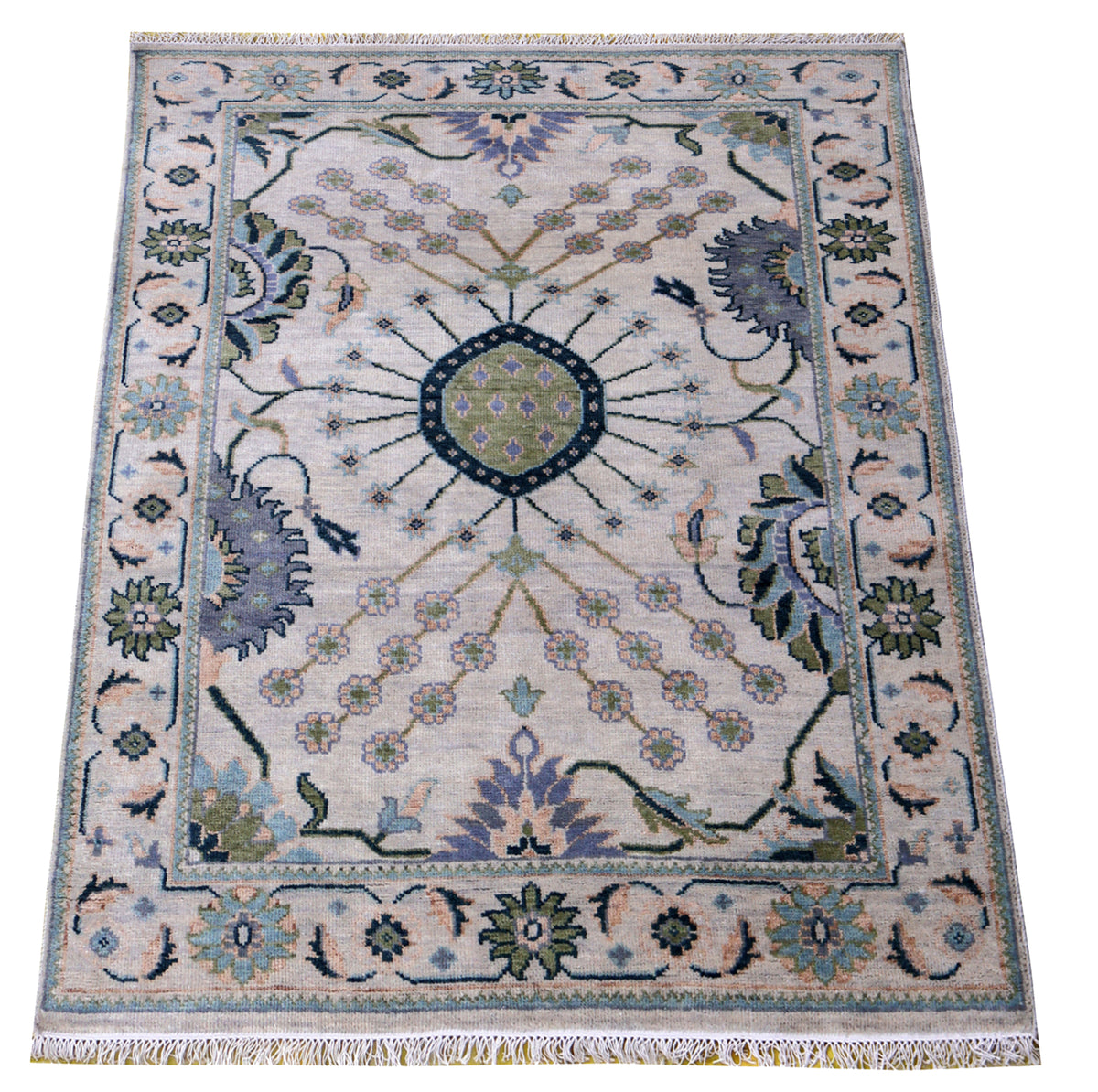Ziegler Oushak Oval Medallion Floral Vine Silver Ivory Hand Knotted Wool Area Rug
