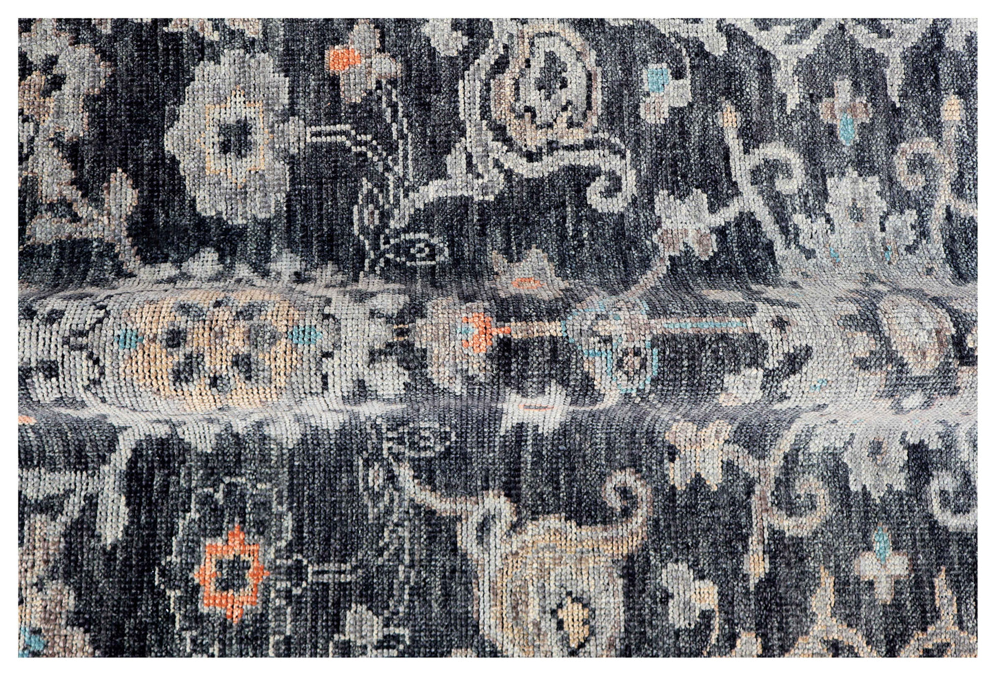 Charcoal Black Silver Sage Coral Persian Floral Vine Hand Knotted Wool Silk 6x9 Bhadohi Area Rug