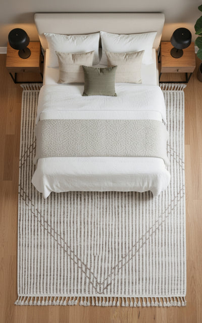 Hand Knotted Ivory Brown Horizontal Modern Striped Rug - Hand Carved Texture 5x8.6