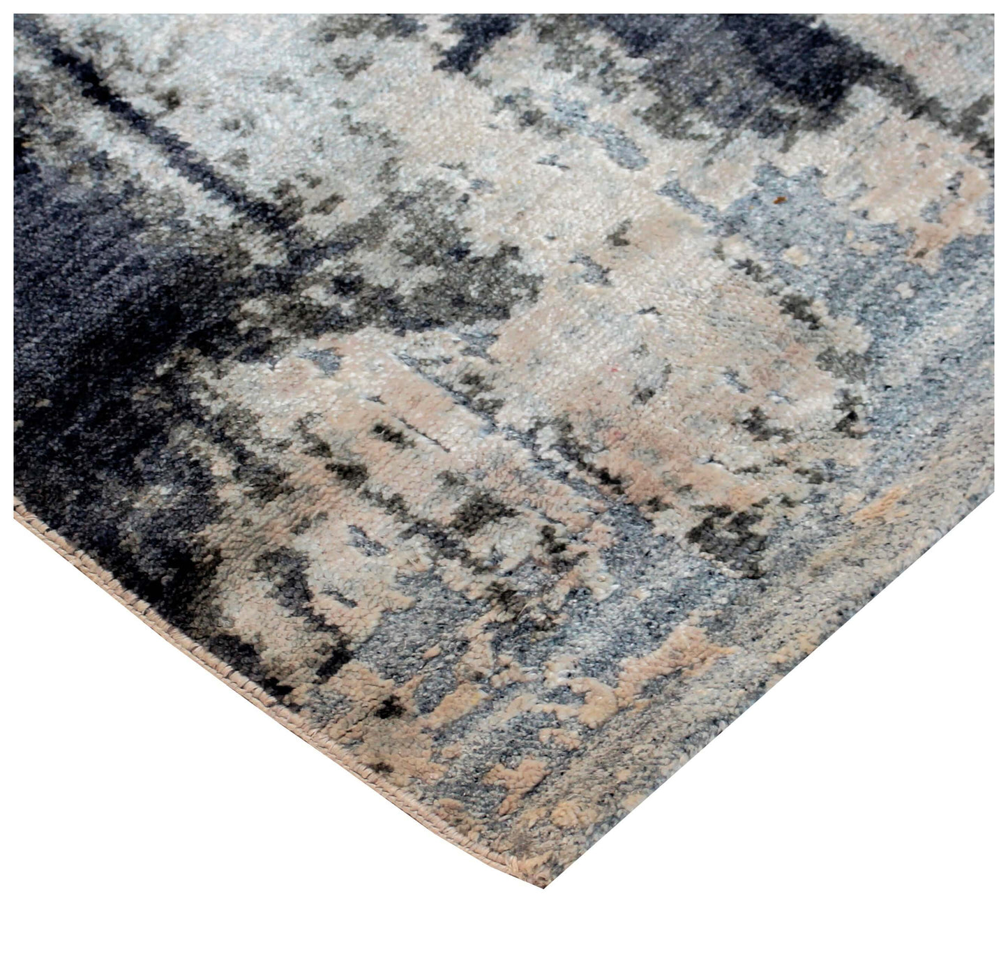 Grey Blue Charcoal 8x10 Hand Knotted Wool Viscose Area Rug - Vintage Antique Abstract