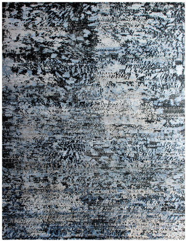 Abstract Vintage Antique 7.6x9.6 Hand Knotted Area Rug - Dark Grey Blue Black Wool Viscose Distressed