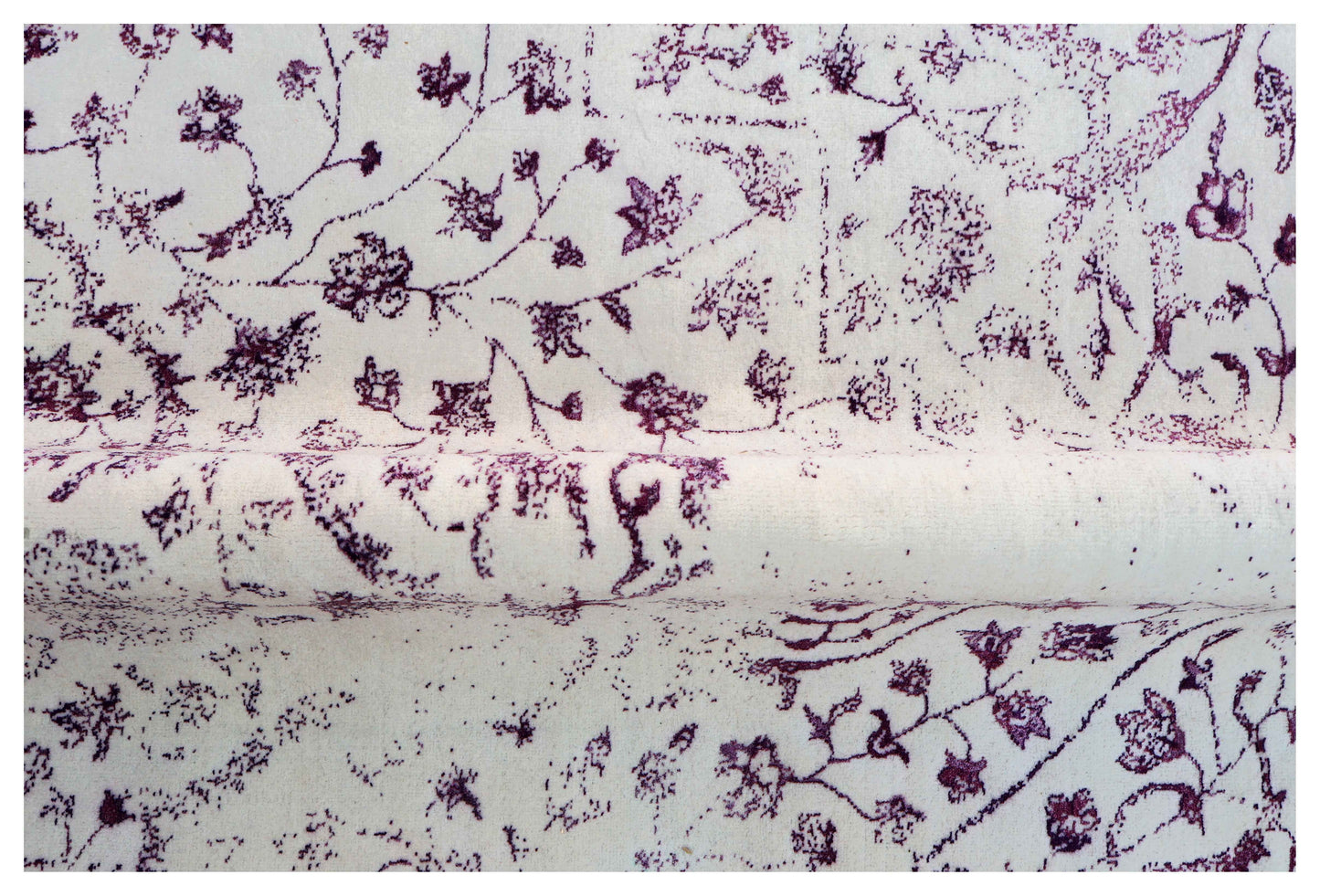 Ivory White Plum Wine Eroded Persian Floral Vine Hand Knotted Wool Bamboo Silk 9x12 Bhadohi Area Rug