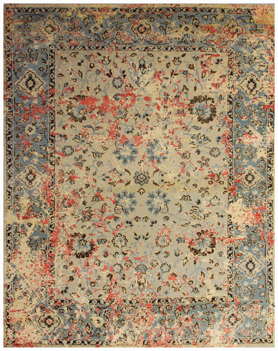 Floral Distressed 7.6x10 Wool Viscose Persian Area Rug - Beige Light Blue Red Hand Knotted Vintage