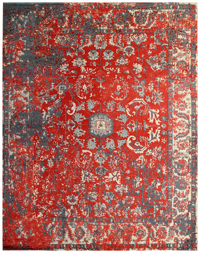 Hand Knotted Wool Viscose 8x10 Persian Area Rug - Vintage Antique Red Grey Cream Floral Distressed