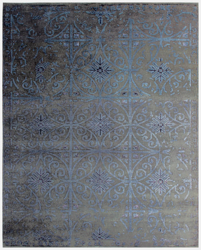 Geometric Tile Distressed 8x9.6 Wool Viscose Area Rug - Grey Blue Silver Vintage Antique Hand Knotted