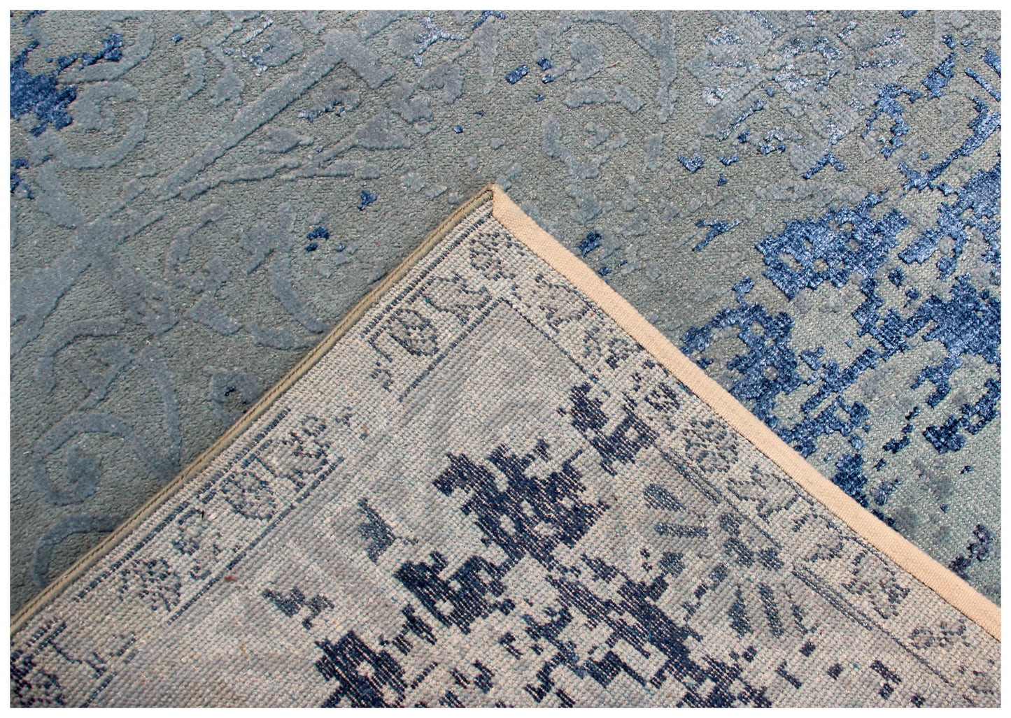 8x10 Light Blue Grey Navy Hand Knotted Wool Viscose Area Rug - Vintage Antique Abstract Distressed