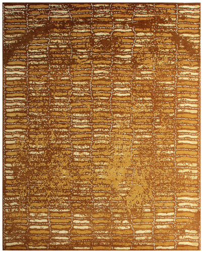 Gold Brown Beige Vintage Antique 8x10 Wool Viscose Area Rug - Hand Knotted Striped Abstract Distressed