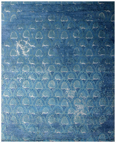 Distressed Abstract Hand Knotted 8x9.6 Wool Viscose Area Rug - Light Blue Navy Grey Vintage Antique