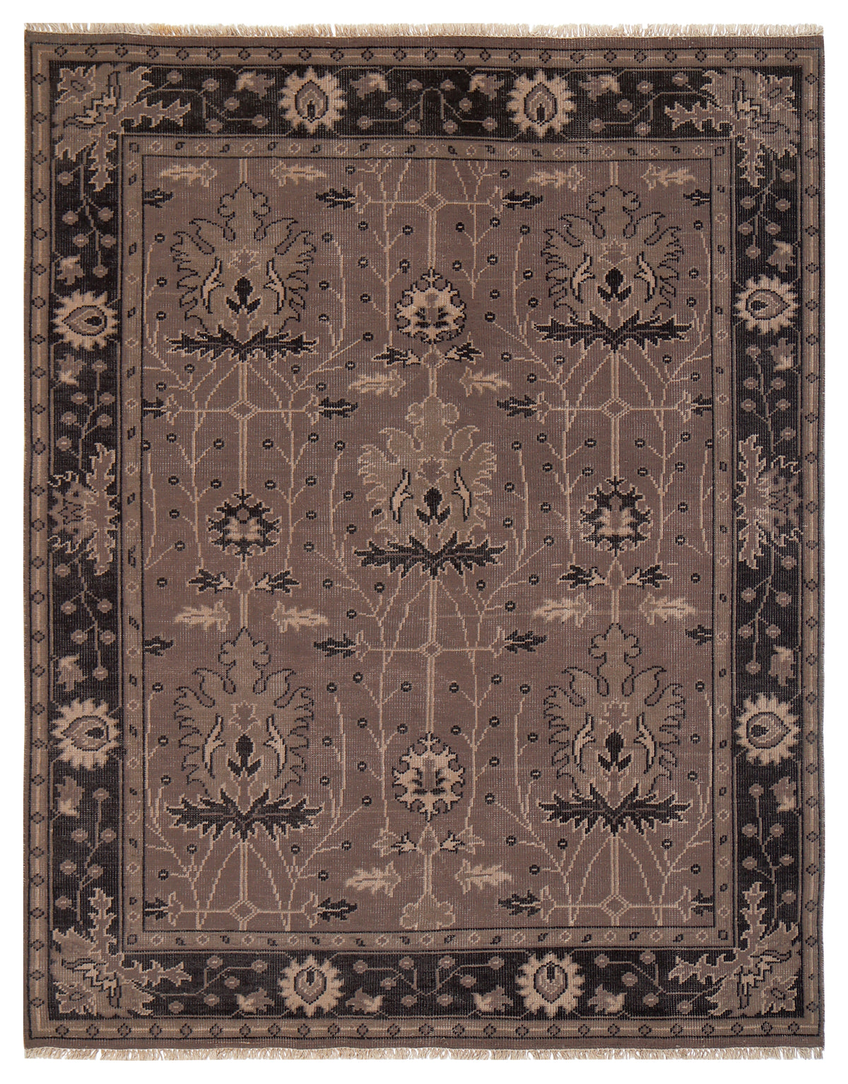 Brown Taupe Oushak Floral Hand Knotted Wool Vintage 8x10 Bhadohi Area Rug